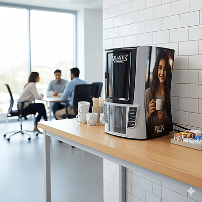 The trusted Atlantis brand logo on the front of the Compact Hot Beverage Vending Machine. Sources The trusted Atlantis brand logo on the front of the Compact Hot Beverage Vending Machine. Sources