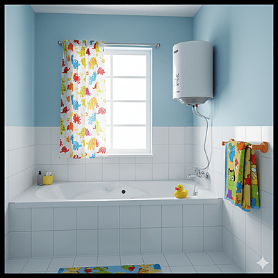 A family-size Usha Warmboy 25-liter water heater providing consistent hot water.