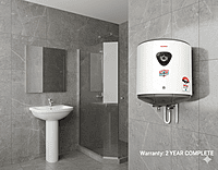 Front view of the Padmini Deluxe 10L geyser showing its power and heating indicator lights. Front view of the Padmini Deluxe 10L geyser showing its power and heating indicator lights.