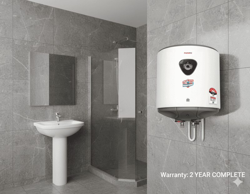 Front view of the Padmini Deluxe 10L geyser showing its power and heating indicator lights.