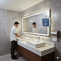 Kenstar Serene+ 10L storage water heater mounted on a modern bathroom wall.