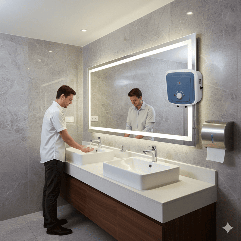 The Kenstar Serene+ 15L water heater shown in its retail packaging.