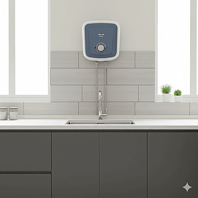 Detailed view of the Kenstar logo and Serene+ model name on the water heater.