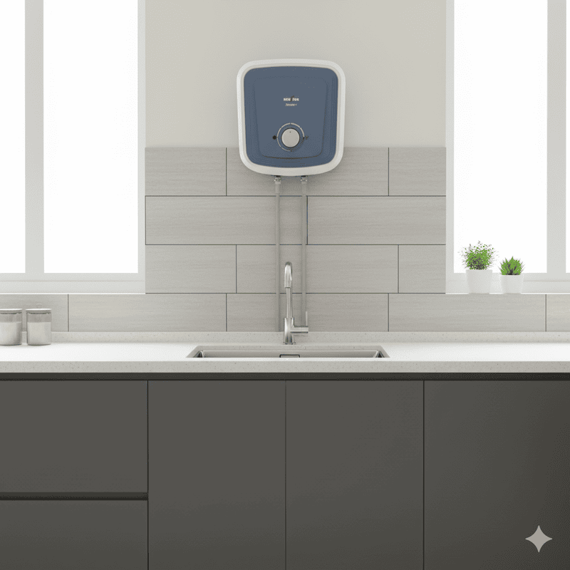 Detailed view of the Kenstar logo and Serene+ model name on the water heater.