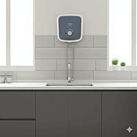 The Kenstar Serene+ 25L geyser shown mounted on a tiled bathroom wall.