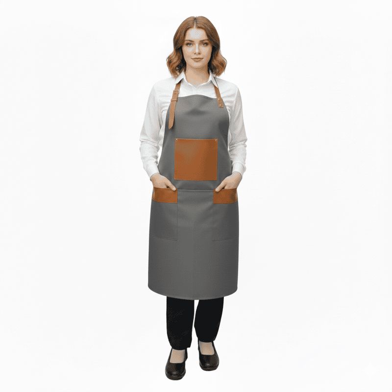 Unisex Professional Long Apron – Twill Cotton with Leather Trim Details