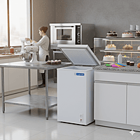 Side profile of Blue star hard top 65 liter deep freezer, with space for product branding visible. Side profile of Blue star hard top 65 liter deep freezer, with space for product branding visible.