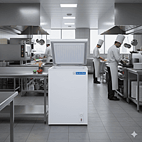 A Blue star 65 liter deep freezer placed neatly in the corner of a modern home kitchen. A Blue star 65 liter deep freezer placed neatly in the corner of a modern home kitchen.
