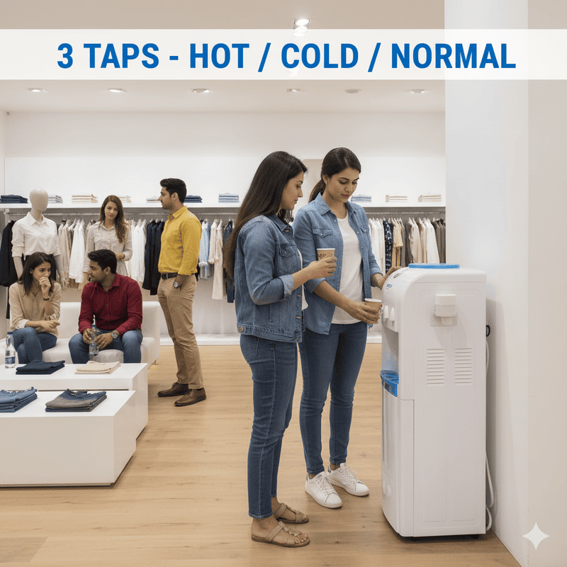A family enjoying beverages from the versatile Voltas Minimagic Pure R three-tap dispenser.