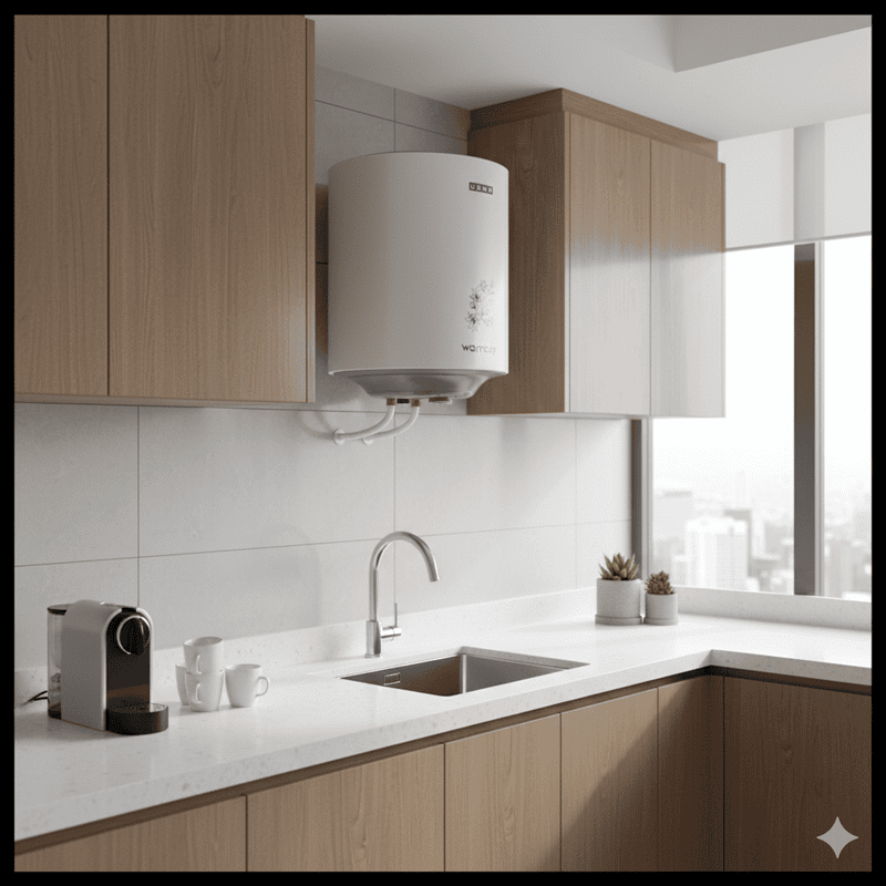 Front view of the Usha Warmboy 15L water geyser showing the temperature knob.