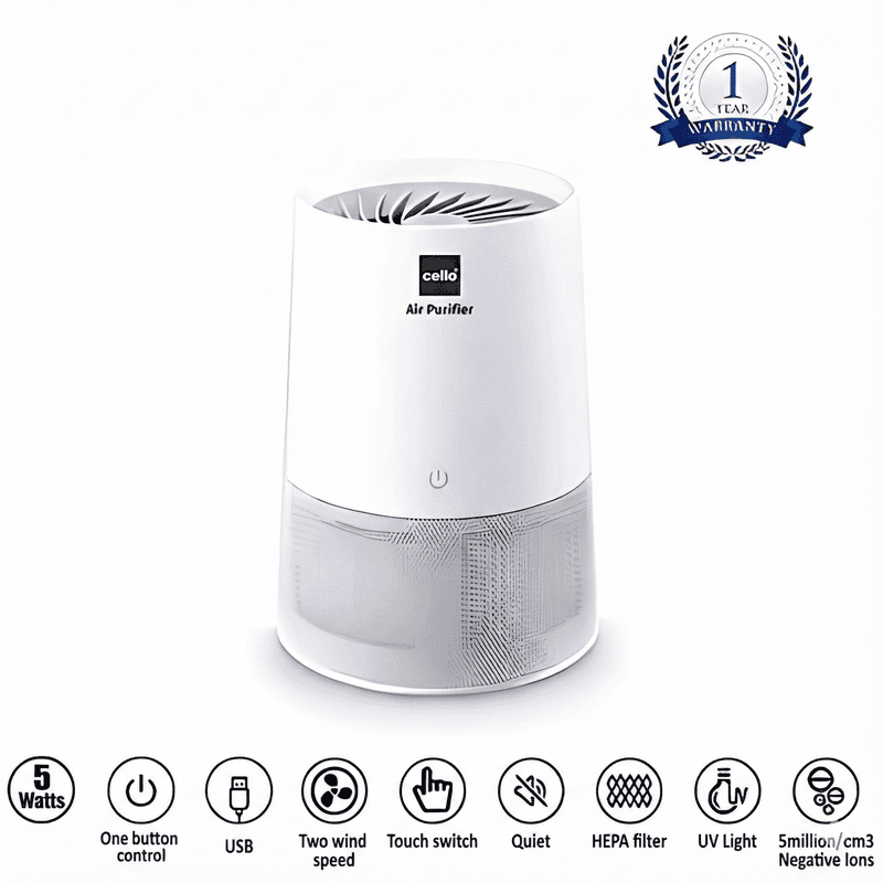 Cello AP-100 air purifier standing on a living room floor.