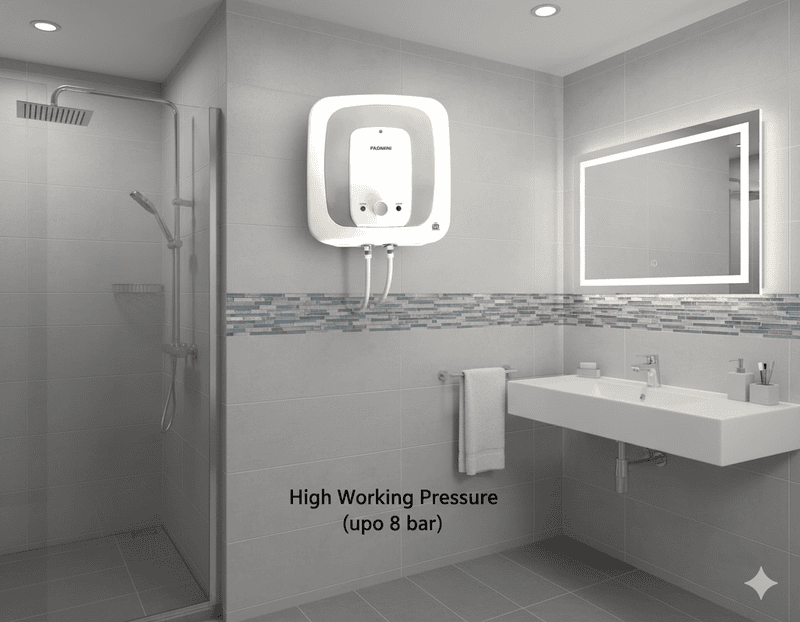 The Padmini Pluto 25L geyser installed in a high-rise Gurgaon apartment, perfect for 8-bar pressure.