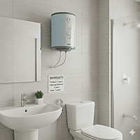 A modern bathroom setting featuring the Usha 25-liter Blue Hibiscus water heater. A modern bathroom setting featuring the Usha 25-liter Blue Hibiscus water heater.