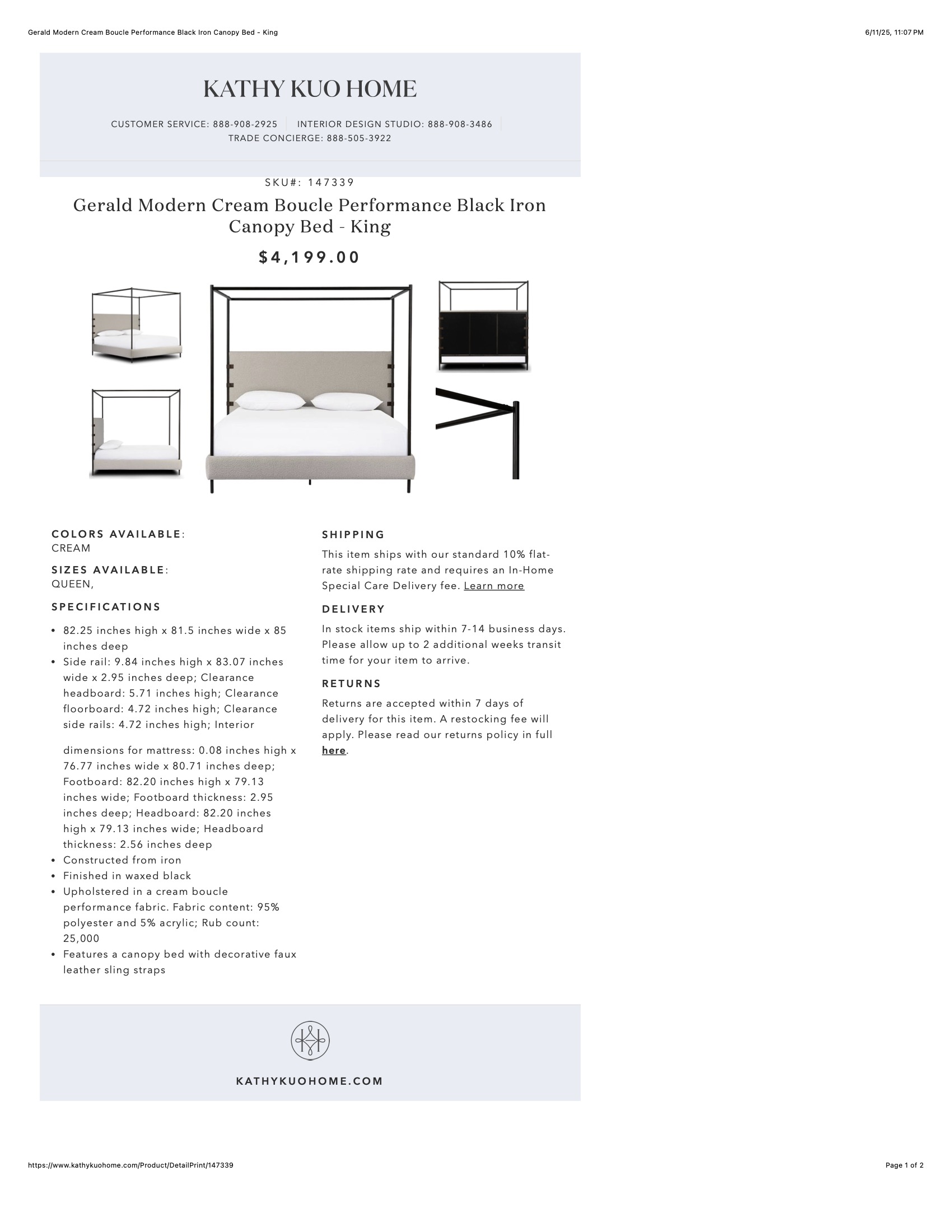 Gerald Modern Cream Boucle Performance Black Iron Canopy Bed - King