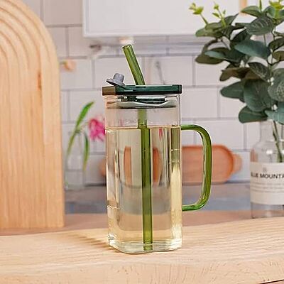 Shine Max high Borosilicate Glass Tumbler with Straw and Lid - 380 ML