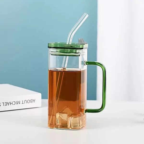 Shine Max high Borosilicate Glass Tumbler with Straw and Lid - 380 ML
