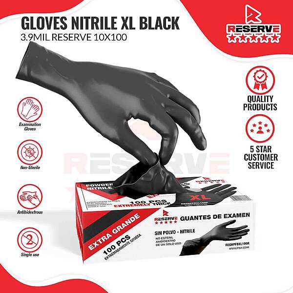 Gloves Nitrile XL Black 3.9 mil Reserve 10/100