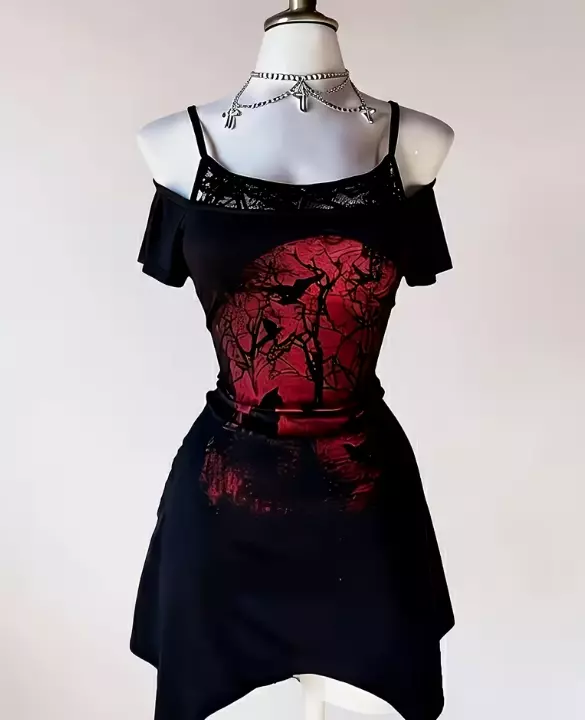 Gothic Off-The-Shoulder Raven Print Dress