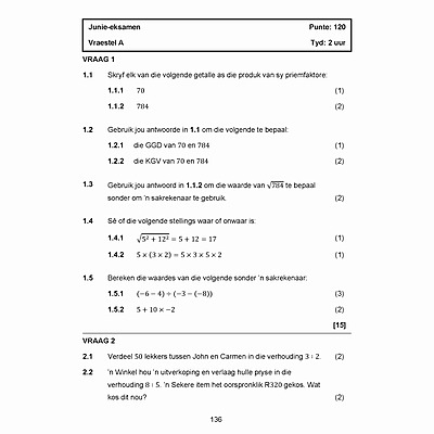 Grade 8 Maths 4 Africa Exam Book Afrikaans, quadratic equations and graphs