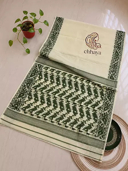 Traditional Soft Jamdani Saree in Off White with Green Print