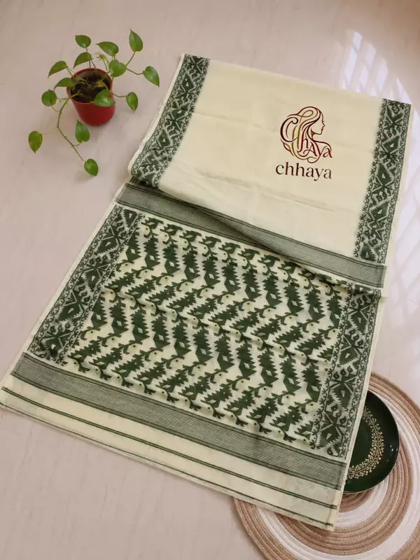 Traditional Soft Jamdani Saree in Off White with Green Print