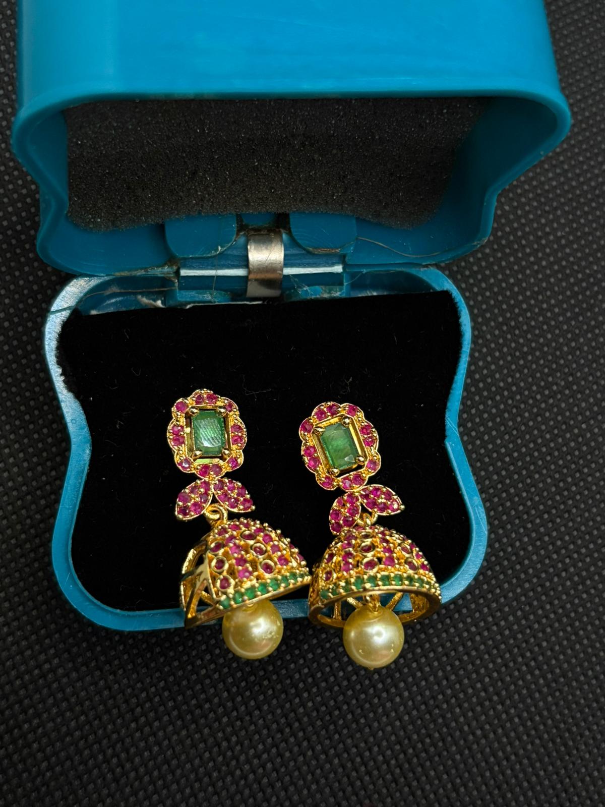 Green Pink AD Stone Jumkha with Pearl drops