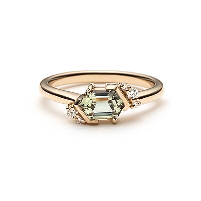 One of a Kind Hexagonal Green Sapphire and Diamond Ring