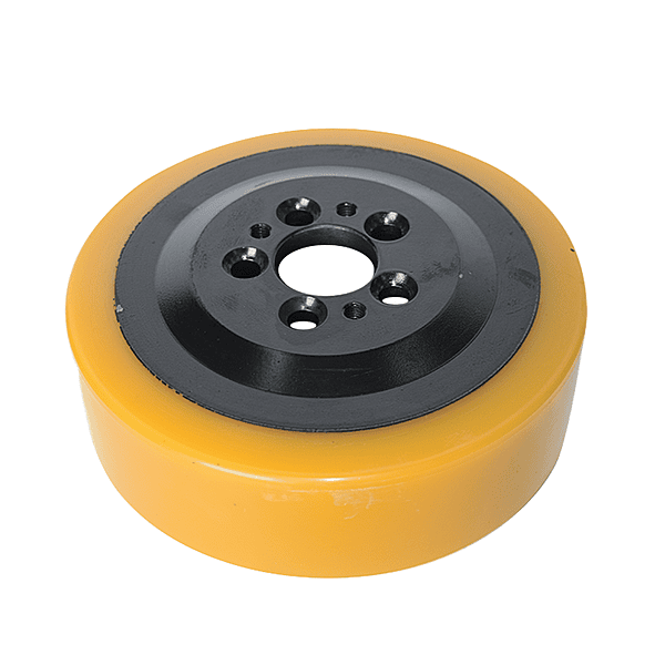 Dematic Conveyor Traction Wheel (Cast PU, Yellow) — 7.00" OD x 2.00" W x 1.00" Bore, 6-Bolt