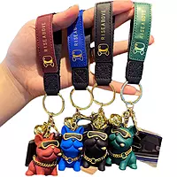 Luxury Bulldog Keychain with Bell & Leather Wrist Strap