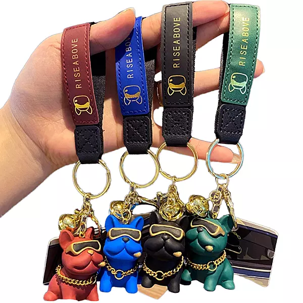 Luxury Bulldog Keychain with Bell & Leather Wrist Strap