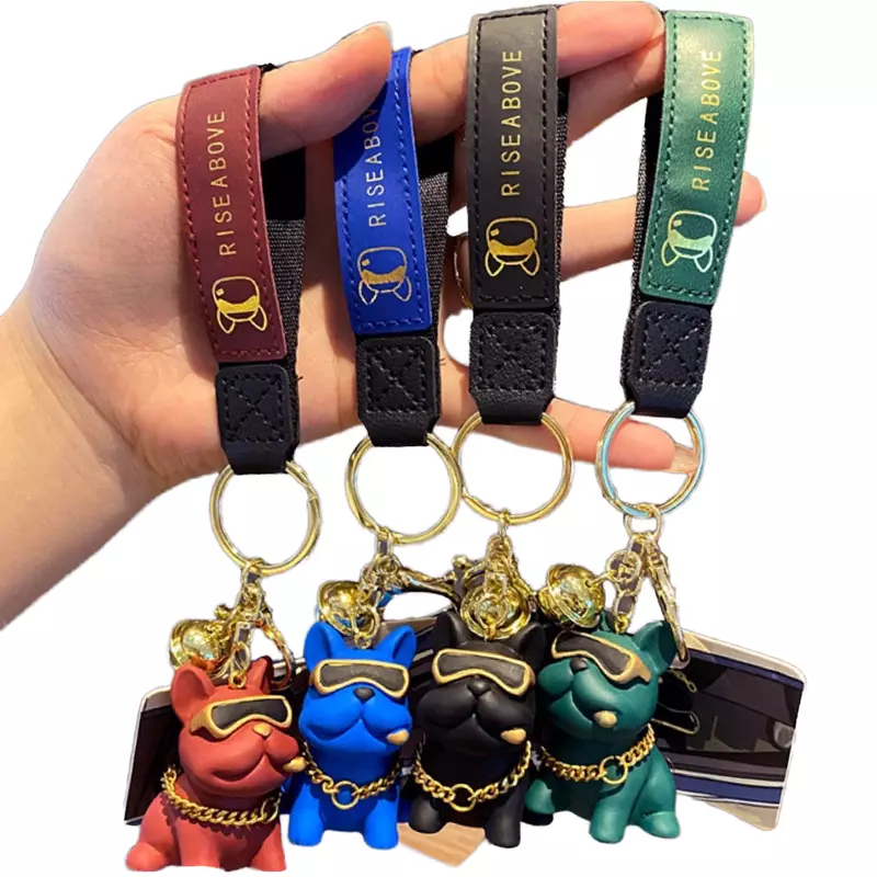 Luxury Bulldog Keychain with Bell & Leather Wrist Strap