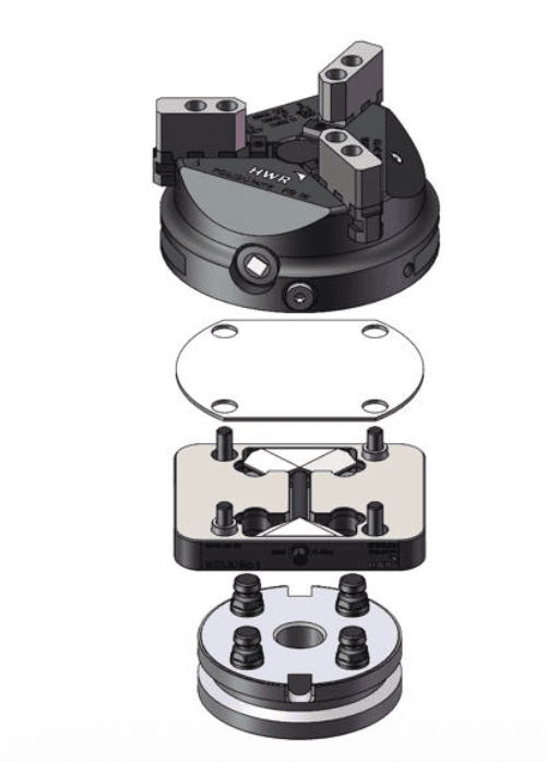 SOLIDChuck with SOLIDBolt adaptor plate for easy mount to a pallet w. a 95mm B.C. and M12 tapped holes