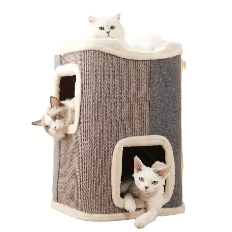 3-Level Cat Scratching Tower House with Plush Bed – Multi-Entry Cat Condo