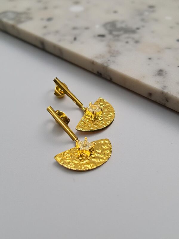 Hammered Half-Moon Studs with Star Crystal Accent