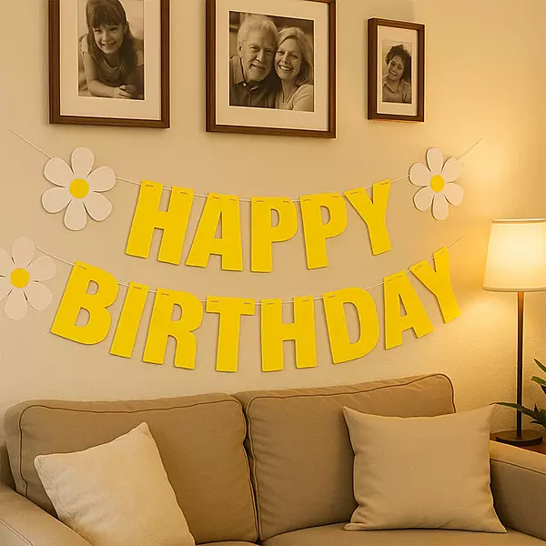 Happy Birthday Banner Set Yellow Floral Cardstock For Party Decoration