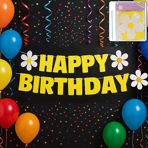 Happy Birthday Banner Set Yellow Floral Cardstock For Party Decoration