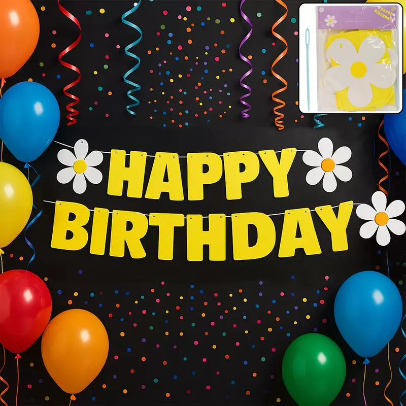 Happy Birthday Banner Set Yellow Floral Cardstock For Party Decoration