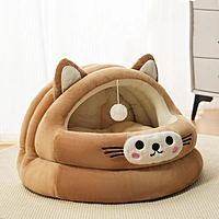 Cute Cartoon Cat Cave Bed with Hanging Toy – Soft Warm Enclosed Pet House