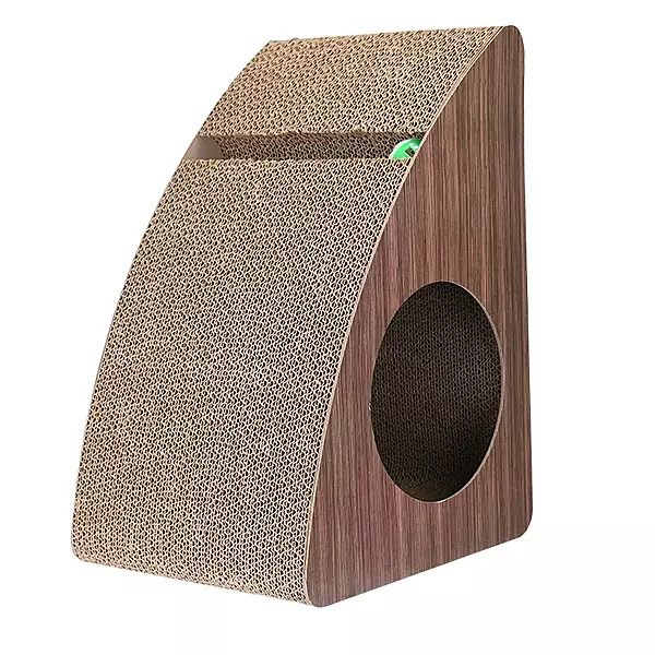 Premium Curved Wooden Cat Scratcher House with Tunnel & Rolling Ball