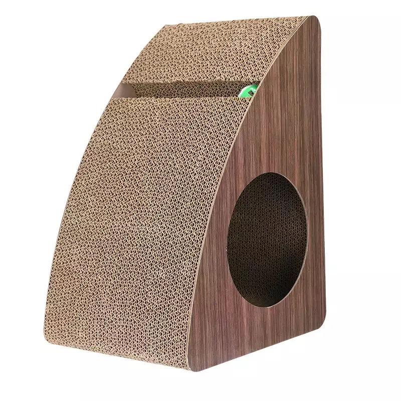 Premium Curved Wooden Cat Scratcher House with Tunnel & Rolling Ball