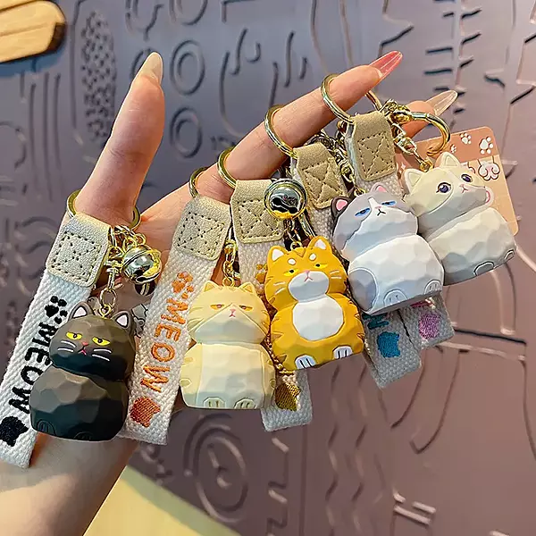 Cute Cartoon Cat Keychain with Bell & Wrist Strap