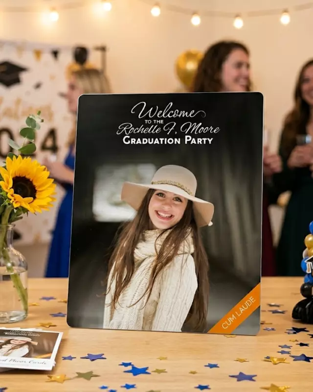 Honor Series graduation welcome sign with custom photo and Cum Laude personalization