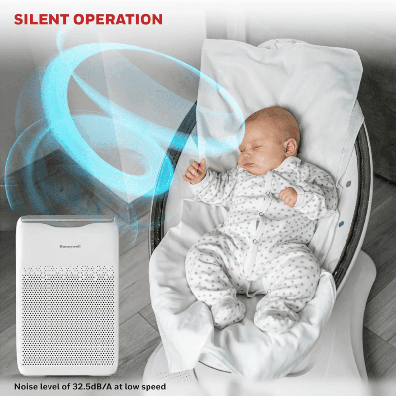 Honeywell Air Touch V2 Value Series Air Purifier running quietly in a bedroom setting.