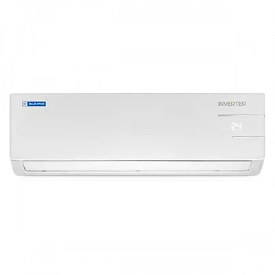 Close-up of the Blue Star Inverter Split AC indoor unit, showcasing its modern design and display.