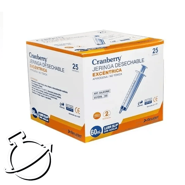 Jeringa Desechable 60 mL Punta Excéntrica Luer Slip sin Aguja | Caja 25 un | Cranberry