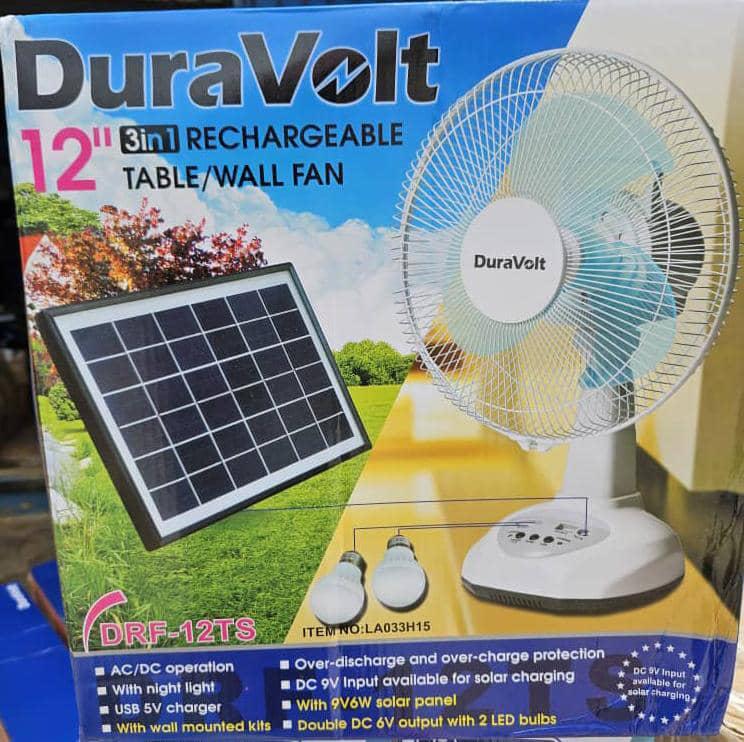 Duravolt 12inches Solar Rechargeable  Fan with Solar Panel and 2LED - type 1