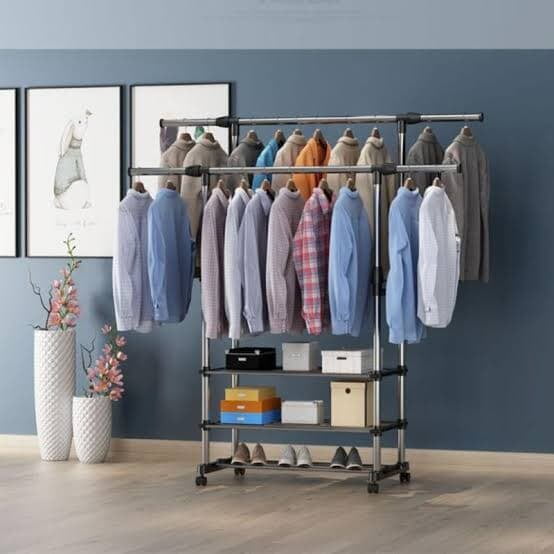 DOUBLE POLES CLOTHES RACK HANGER WITH EXTENTION AND WHEELS