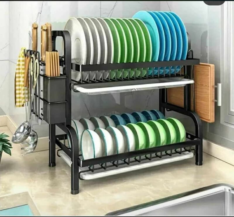2 LAYERS PLATE RACK  PLATE DRAINER DISH RACK -16INCHES - BLACK