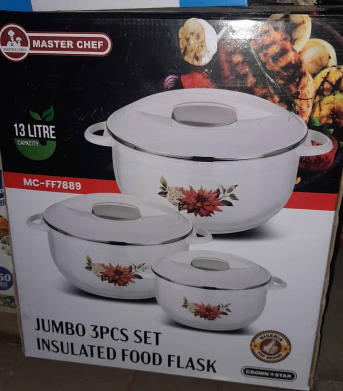 MASTER CHEF JUMBO SET OF 3 LARGE CAPACITY INSULATED FOOD FLASKS - TOTAL CAPACITY - 13L