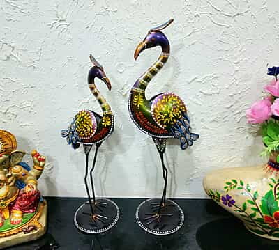 Handcrafted Metal Bird Sculptures Colorful Home Decor Pair
